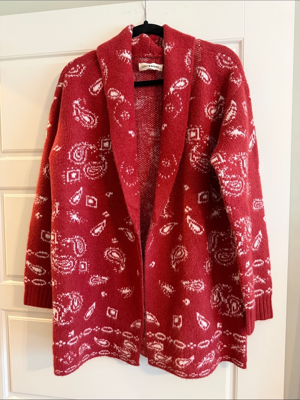 Lucky Brand Red and White Paisley Shawl Collar Cardigan